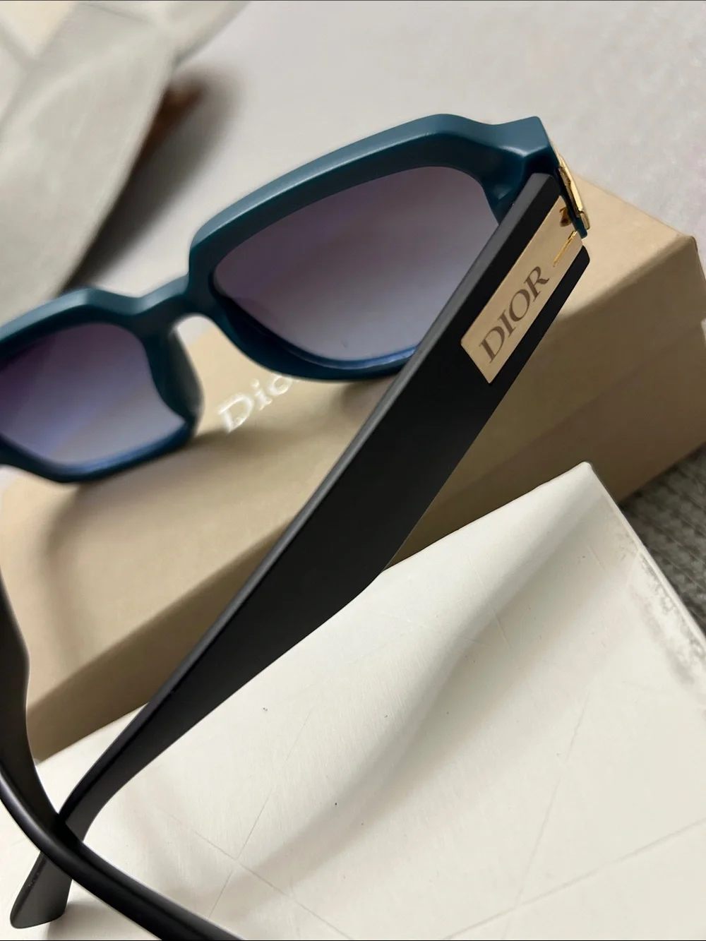 Dior Men's Teal Rectangular Sunglasses with Gold Accents
